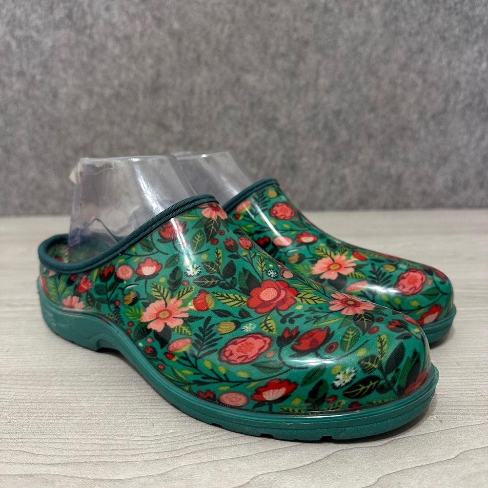 GroundWork Garden Clogs Womens Size 8 Teal Floral Print PVC Slip‎ On Shoes Mules